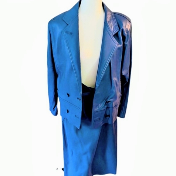Vintage 1980s Penny Genuine Leather Skirt Suit | Colonial Blue | EUC - Picture 2 of 13